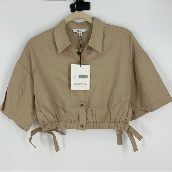 Billie the Label Imogene Crop Top Linen Blend Khaki Medium Collar Button Tencel - Picture 7 of 9